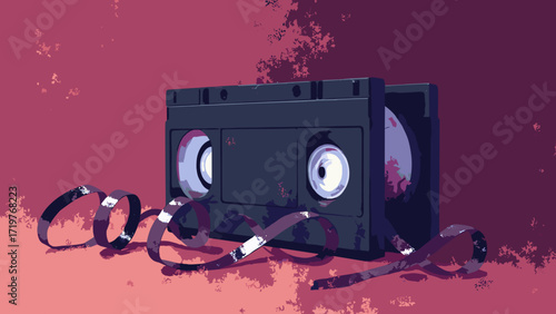 VHS spool still life — half-unwound tape forming cursive loops on velour, palette: black, maroon, silver