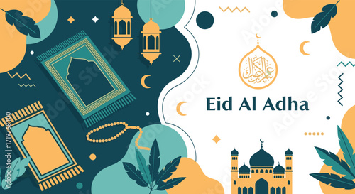 A colorful illustration celebrating Eid al Adha with prayer mats lanterns and mosque.