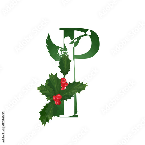 Christmas angel family monogram. Letter P on white background