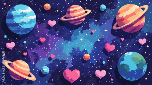 Sticker sheet galaxy — oversized glossy stickers (planets, hearts, smileys) placed on cosmic paper, palette: indigo, neon