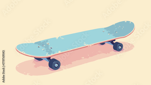 Mirror-surface skateboard — deck reflecting pastel sky, subtle scuff marks, palette: sky, chrome, cream