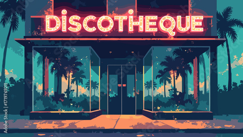 Discotheque storefront — mirrored façade with neon marquee and reflected palm silhouettes, palette: gold, teal, black