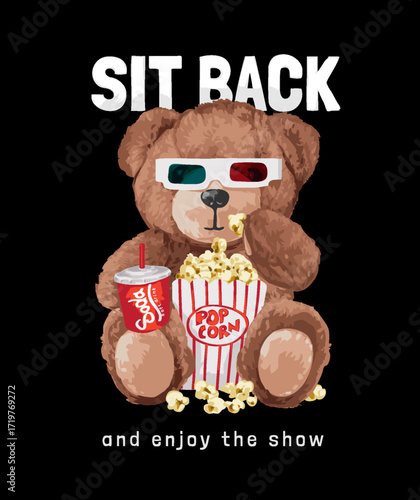 brown bear doll in 3d glasses eating popcorn vector illustration - created by hand drawn