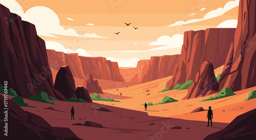 Vast desert canyon landscape with towering red rock formations and scattered figures.