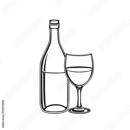 Minimal bottle and glass duo line art vector design concept black and white illustration.