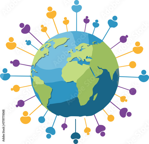 Connect with a global audience using this modern world map with diverse people icons, perfect for illustrating international collaboration and worldwide networks