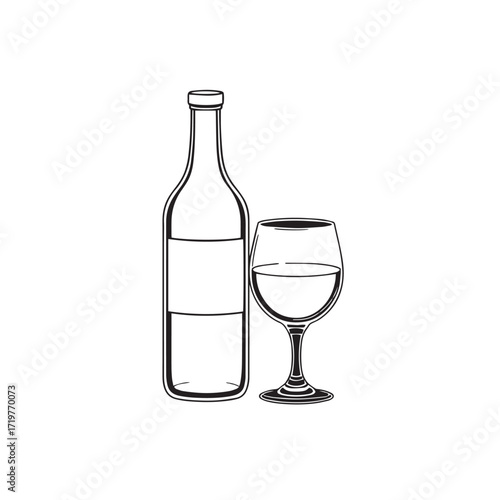 Minimal bottle and glass duo line art vector design concept black and white illustration.