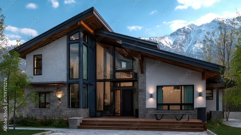 Fototapeta premium A modern two-story wooden house nestled in the mountains features expansive glass windows and a large front door.
