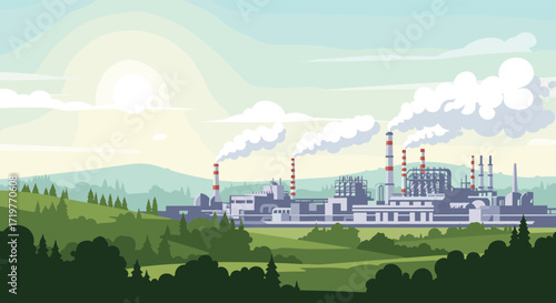 A sprawling industrial complex with numerous smokestacks emitting plumes of smoke against a hazy sky with the sun shining brightly.