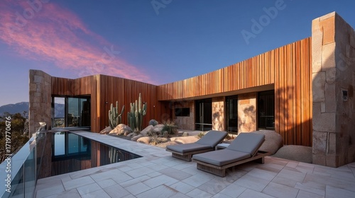 A luxurious contemporary home with large glass windows and wooden exterior cladding set against a clear blue sky during 
