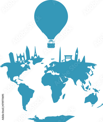 Explore the world with a whimsical adventure skyline air balloon over world map, perfect for travel campaigns and wanderlust designs in a fresh blue hue