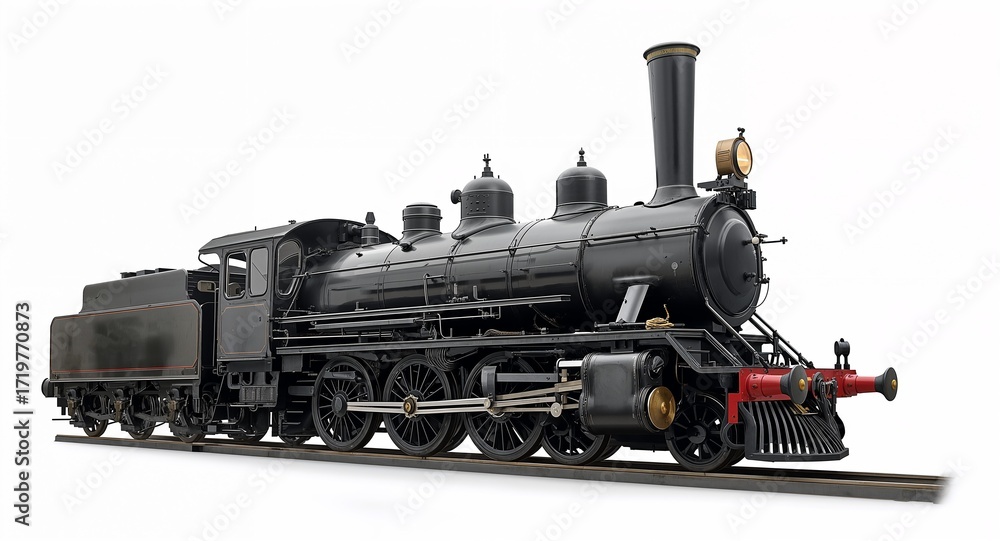 Fototapeta premium Classic steam locomotive with tall smokestack large wheels and front lantern detail on plain white background