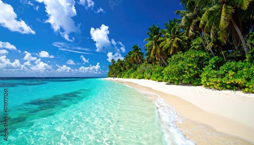 Fototapeta Naklejka Na Ścianę i Meble -  Turquoise Sea Meets White Sand Beach Under Blue Sky with Lush Green Palm Trees Landscape in Tropical Island Coastal Paradise