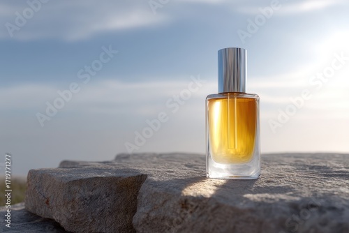 Elegant Serum Bottle on Light Gray Stone Against Soft Moving Light