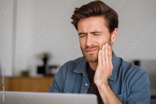 Man sitting at laptop with painful toot pain, holding jaw in discomfort