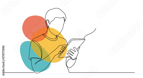 A person drawing on a digital tablet with colorful circles in the background.