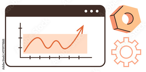 Line graph showing upward growth trend in browser window alongside gear and hex nut, symbolizing development, analysis, progress, strategy, innovation, efficiency, optimization. Simple flat metaphor