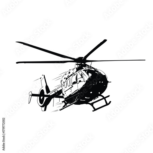 Dynamic monochrome illustration of a helicopter in powerful mid-flight, conveying swift air travel, critical emergency response, and efficient logistical operations with a striking visual impact