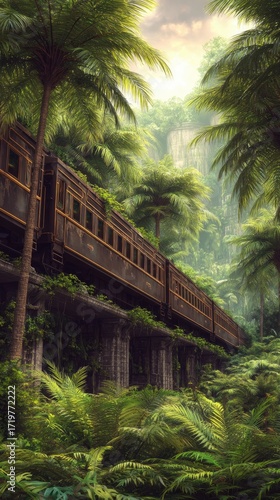 Abandoned train in lush jungle