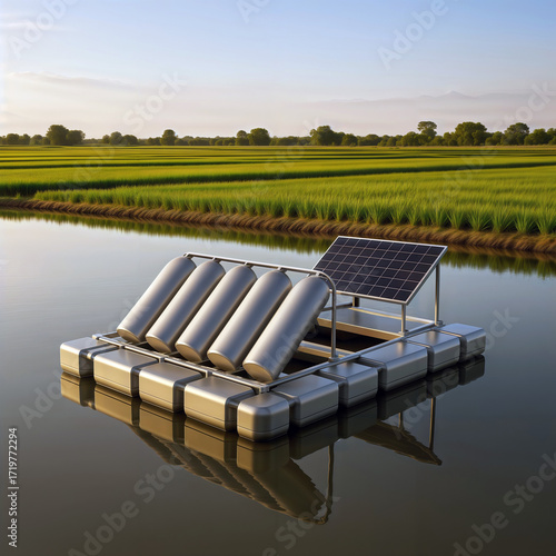 A floating solar panel platform with water tanks on a tranquil rural pond at sunset.
