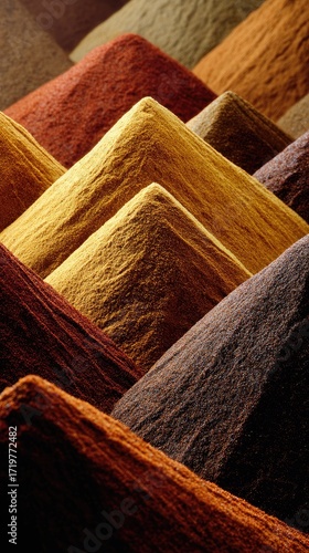 Colorful spice piles close up
