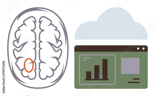 Human brain outline with marked area, bar graph on interface screen linked to cloud. Ideal for neuroscience, healthcare, data analysis, machine learning, AI research, education, and technology