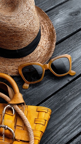 Straw hat sunglasses and yellow bag on dark wood