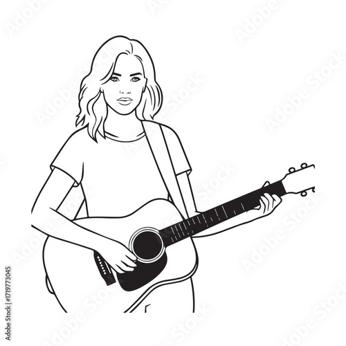 Black and white line art of a cool woman playing guitar in casual outfit minimalist stylish illustration