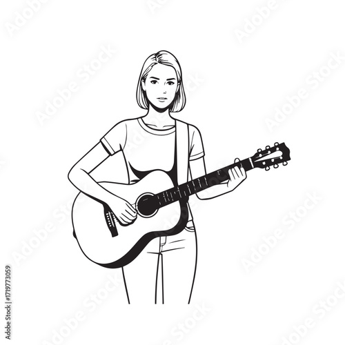 Black and white line art of a cool woman playing guitar in casual outfit minimalist stylish illustration