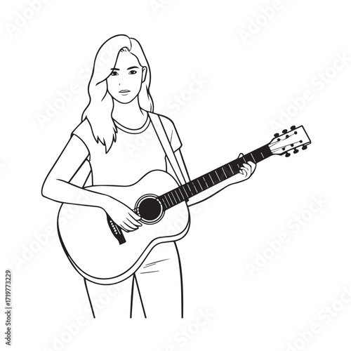 Black and white line art of a cool woman playing guitar in casual outfit minimalist stylish illustration