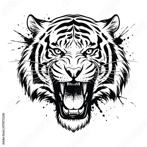Vector art of roaring tiger head with ink splashes