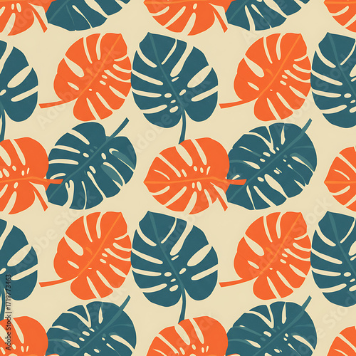 A repeating pattern of stylized teal and burnt orange monstera leaves on a cream background.