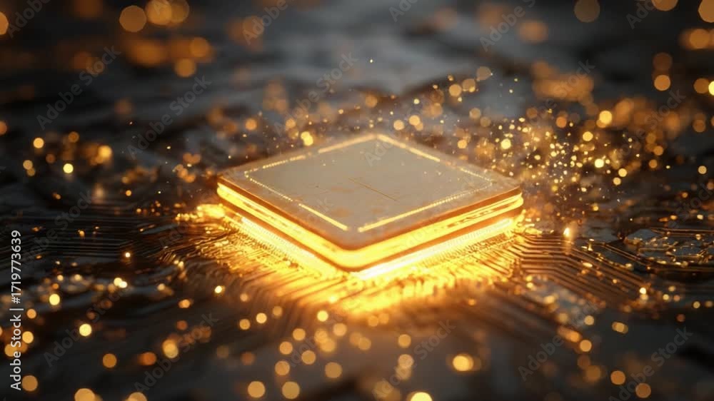 Luminous central processor unit on a circuit board glowing with golden ...