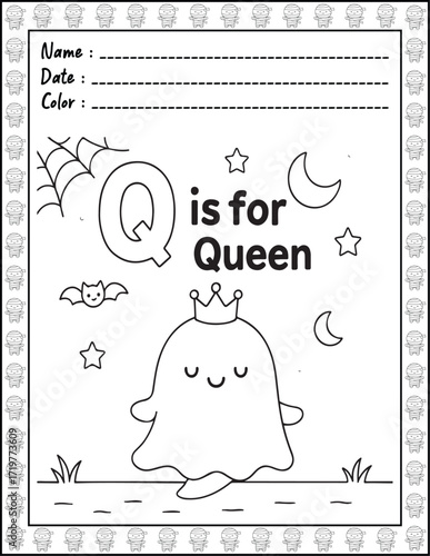 Halloween ABC Alphabet Coloring Page with Cute Animals for Adults and Kid. High resolution (300 DPI), Ready to print on standard 8.5x11-(A4) inch paper With (No Bleed), Black and White. Vector
