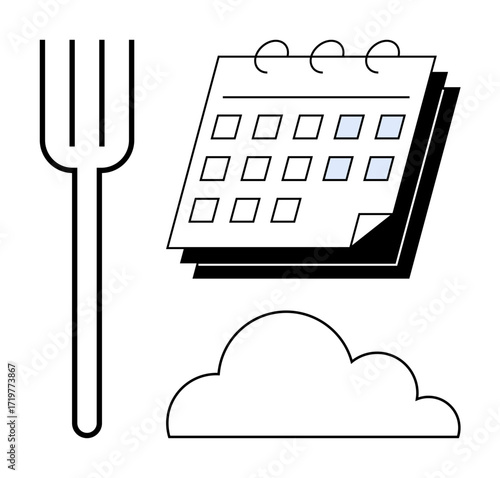 Fork, calendar with highlighted dates, and cloud shape representing meal scheduling, organization, and nutrition planning. Ideal for productivity, scheduling, healthy eating, time management food