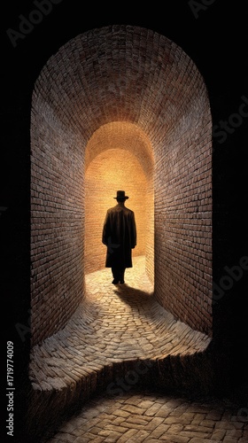 Person walking through dark brick alleyway