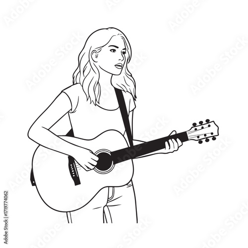 Black and white line art of a cool woman playing guitar in casual outfit minimalist stylish illustration