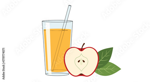 Refreshing apple juice served in a tall glass with a straw next to a sliced apple and green leaves.