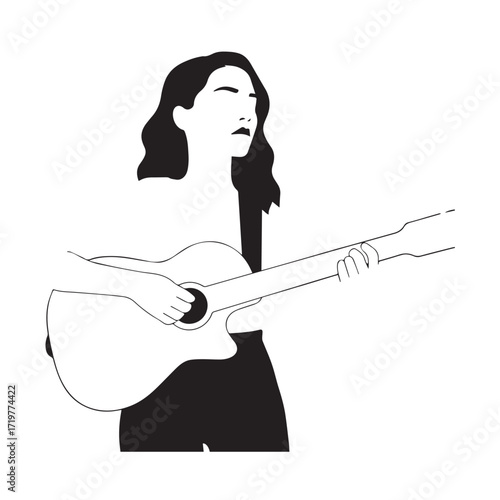 Black and white line art of a cool woman playing guitar in casual outfit minimalist stylish illustration