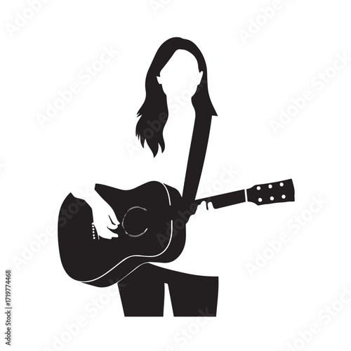 Black and white line art of a cool woman playing guitar in casual outfit minimalist stylish illustration
