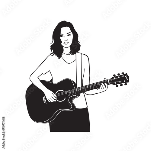 Black and white line art of a cool woman playing guitar in casual outfit minimalist stylish illustration