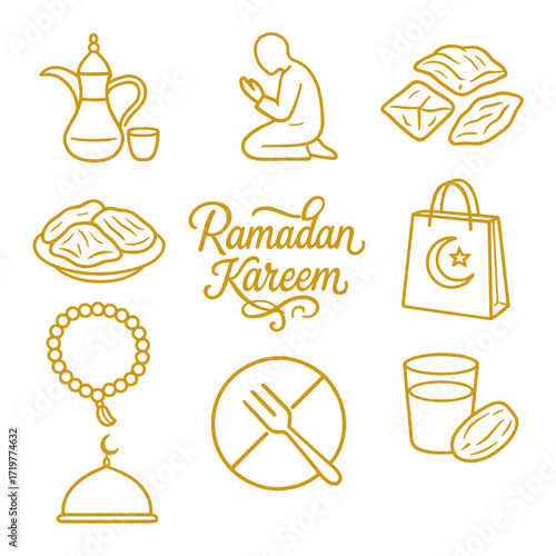 Icon set representing Ramadan with traditional symbols and practices  