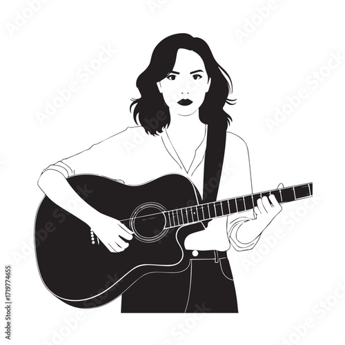 Black and white line art of a cool woman playing guitar in casual outfit minimalist stylish illustration