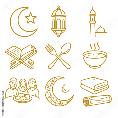 Ramadan symbols including crescent moon, lantern, and family gathering  