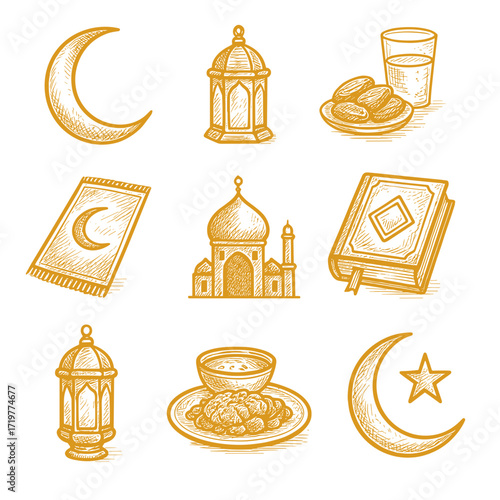 Religious icons representing Ramadan with crescent moons and lanterns  