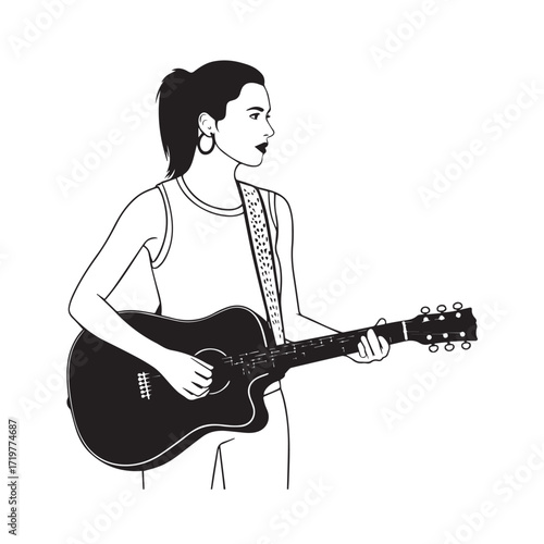 Black and white line art of a cool woman playing guitar in casual outfit minimalist stylish illustration