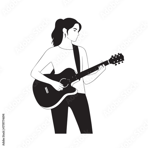 Black and white line art of a cool woman playing guitar in casual outfit minimalist stylish illustration