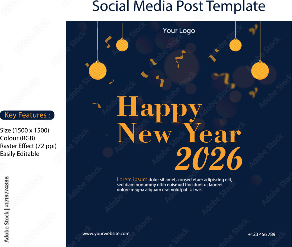 Naklejka premium Social media post template happy new year 2026 digital marketing banner festive design vector