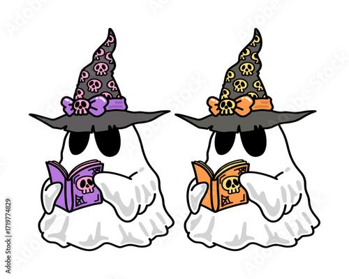 Halloween Ghosts with Witch Hats Reading Books Spooky Season Fun Illustration