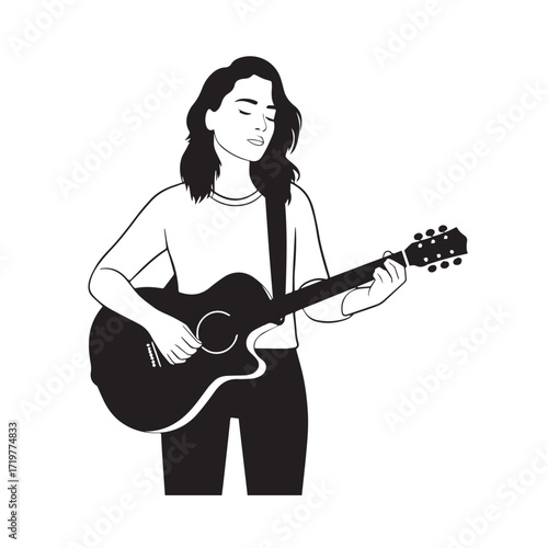 Black and white line art of a cool woman playing guitar in casual outfit minimalist stylish illustration